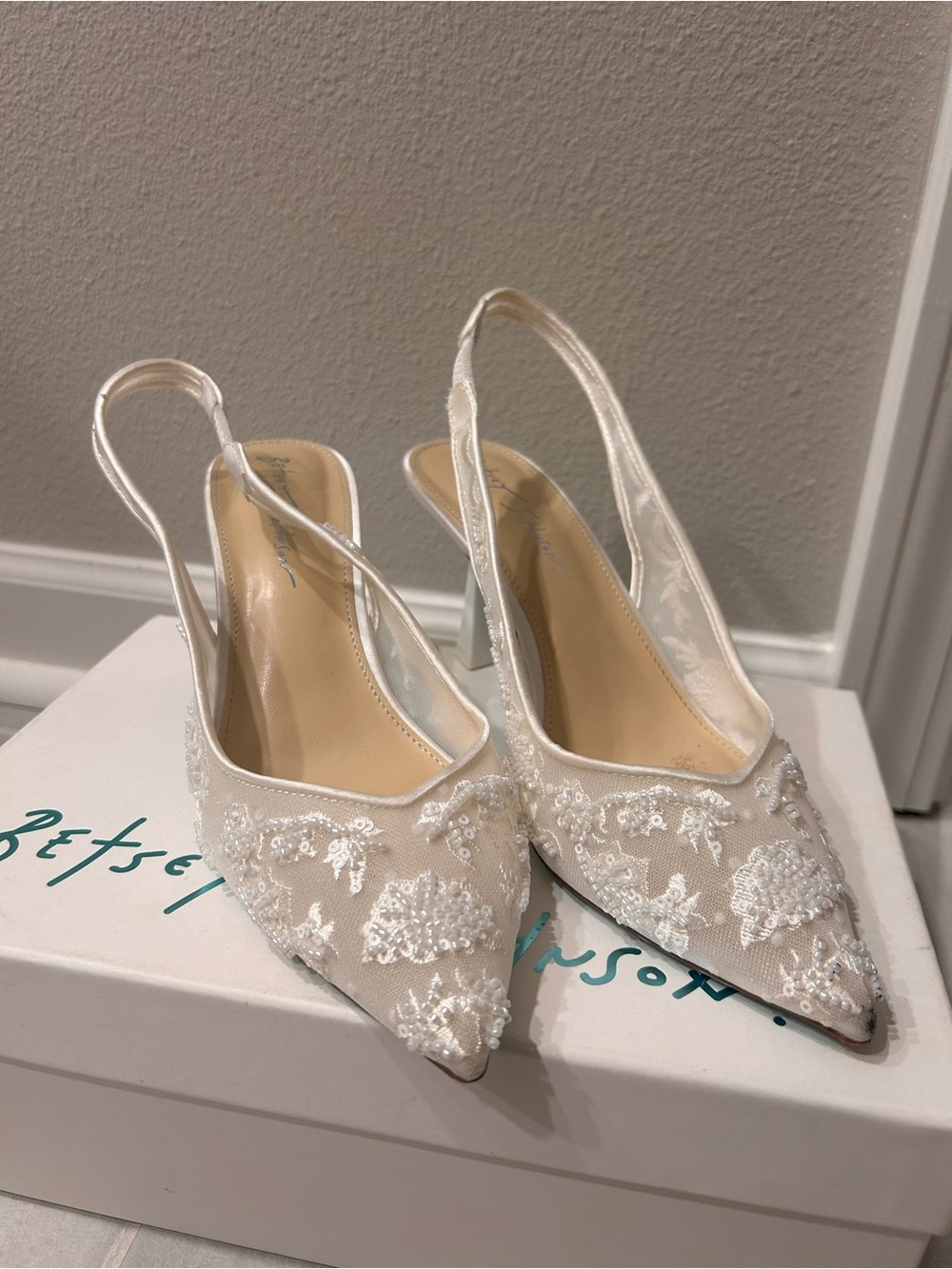 Betsey Johnson White Beaded Pointed-Toe Slingback Mules